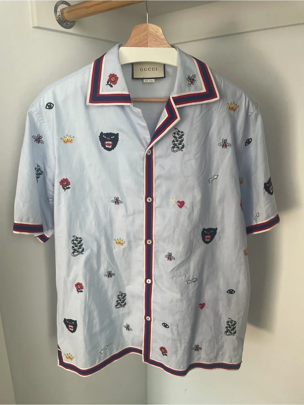 Gucci Light Blue Embroidery Bowling Shirt